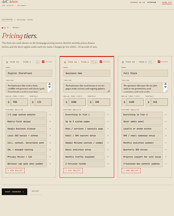 Pricing tiers editor, three side-by-side cards with reorderable bullets