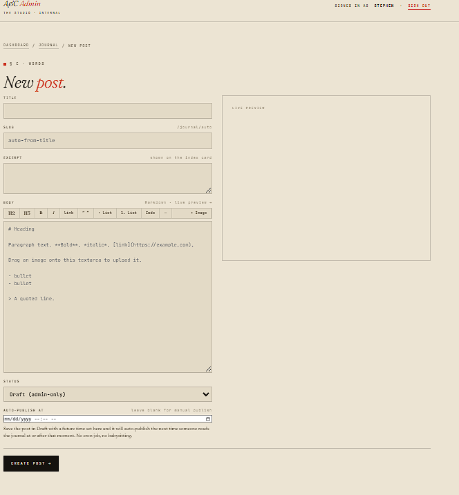 Journal post editor, markdown body with live preview pane