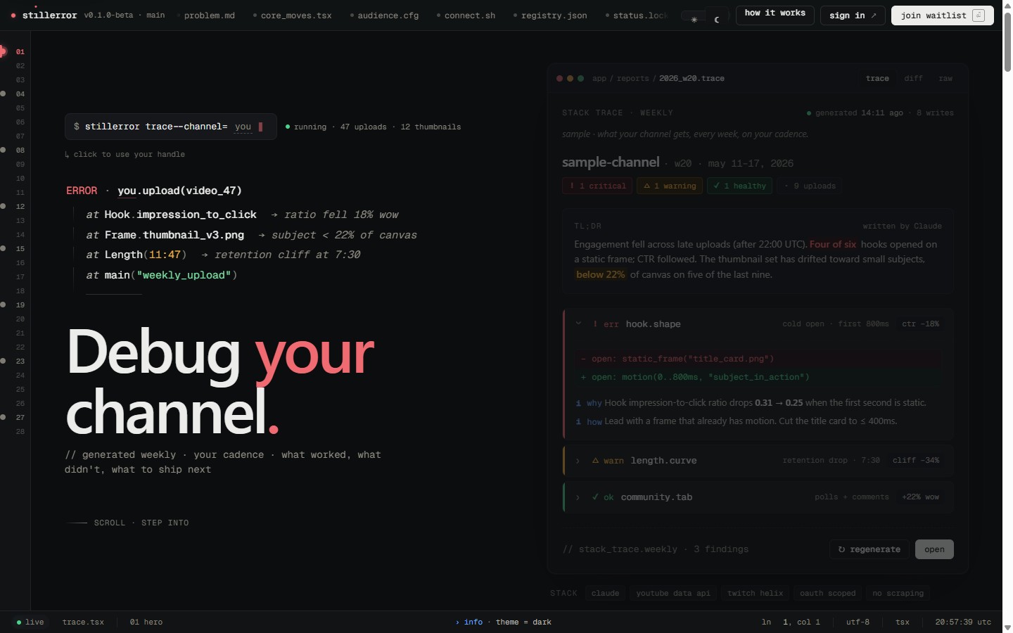 Stillerror, stack trace + weekly diagnostic report